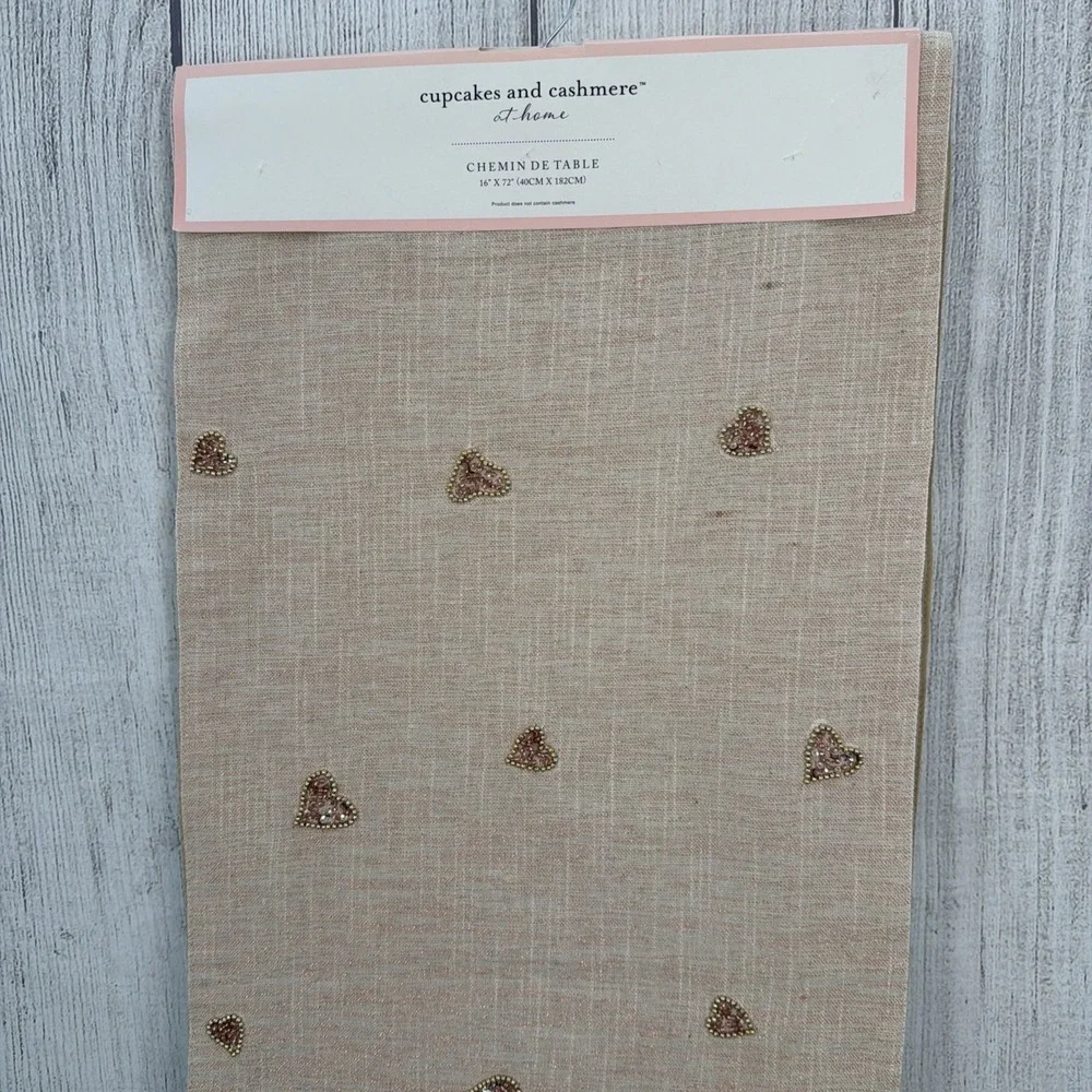Cupcakes and Cashmere Table Runner Valentine's Pink Gold Metallic Beaded Hearts